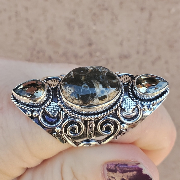 New Turtella Agate Fossil and Smoky Quartz 925 Silver Statement Ring. - Picture 2 of 7
